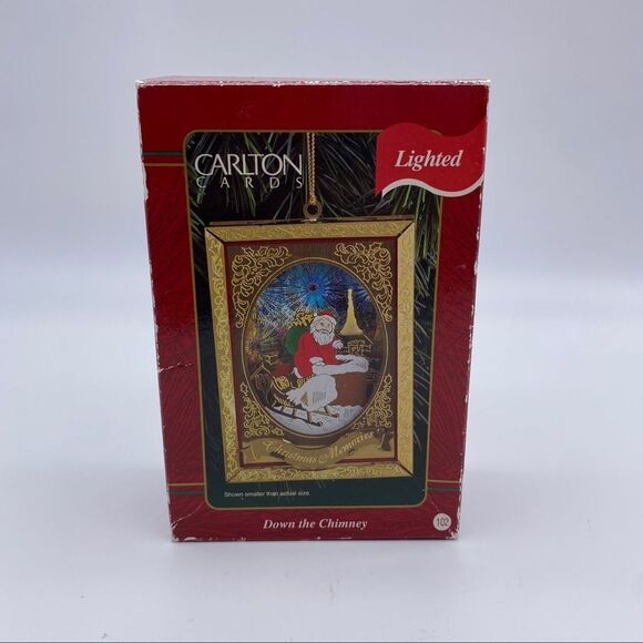 1998 Carlton Cards Down the Chimney Lighted Santa Ornaments Vintage Metal - Picture 1 of 6
